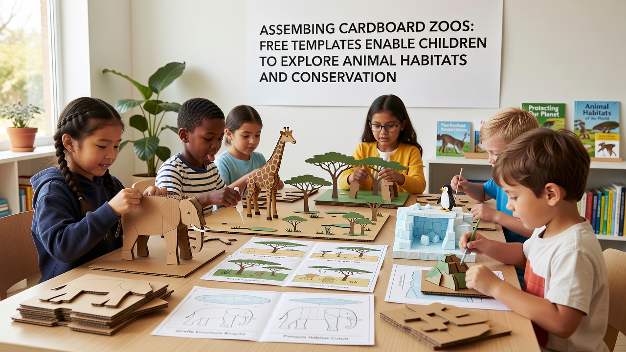 Detailansicht eines fertigen Kartonzoo-Dioramas mit Savannenlandschaft, Tieren und Naturschutz-Elementen