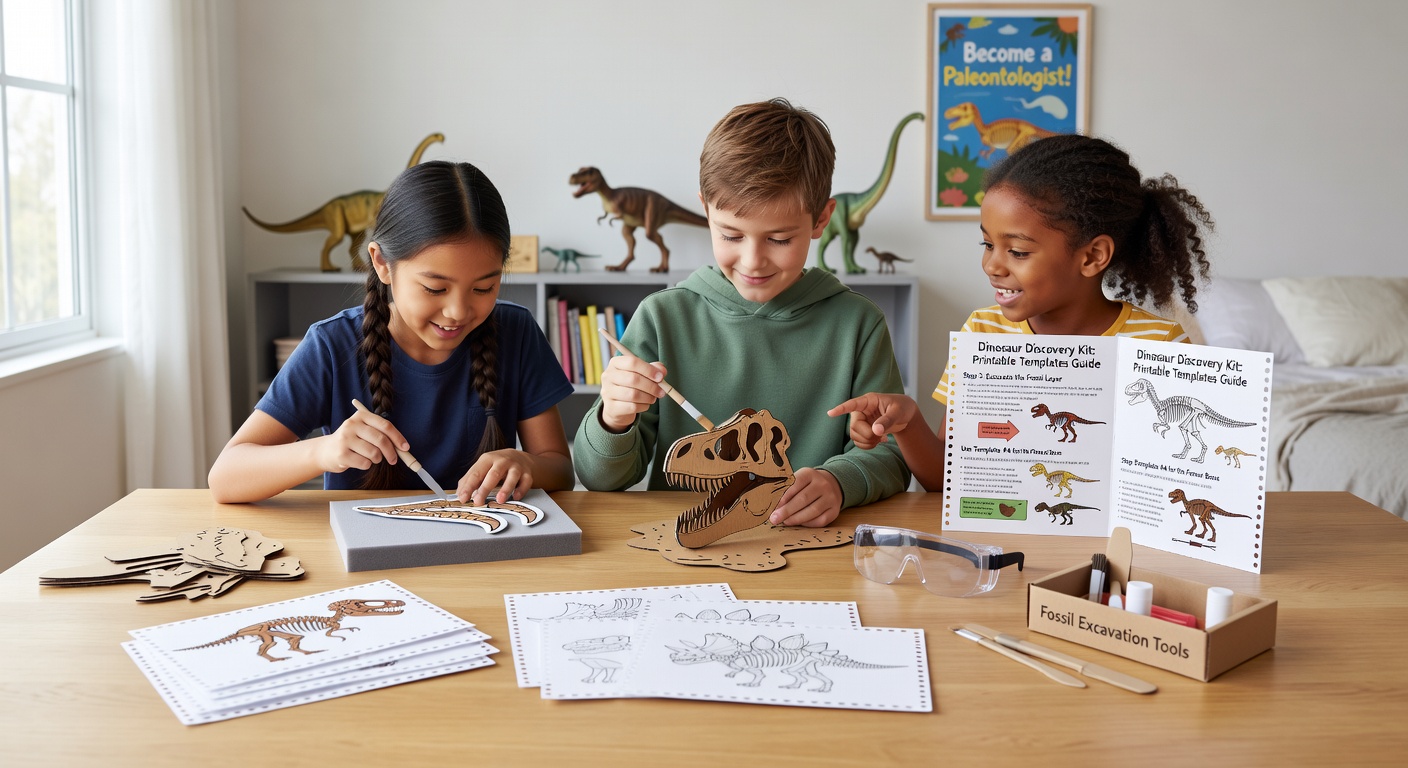 Kinder bei der Simulation einer Fossilien-Ausgrabung mit druckbaren Dinosaurier-Vorlagen