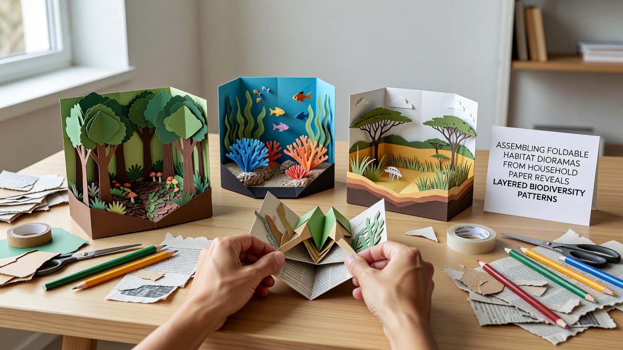 Detailansicht eines Papier-Dioramas mit Biodiversitätsmustern in Wald- und Graslandzonen