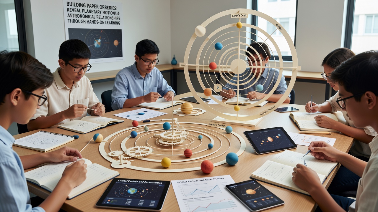 Nahaufnahme eines fertigen Papier-Orrery mit drehbaren Planeten und beschrifteten Bahnen für Kinderaktivitäten