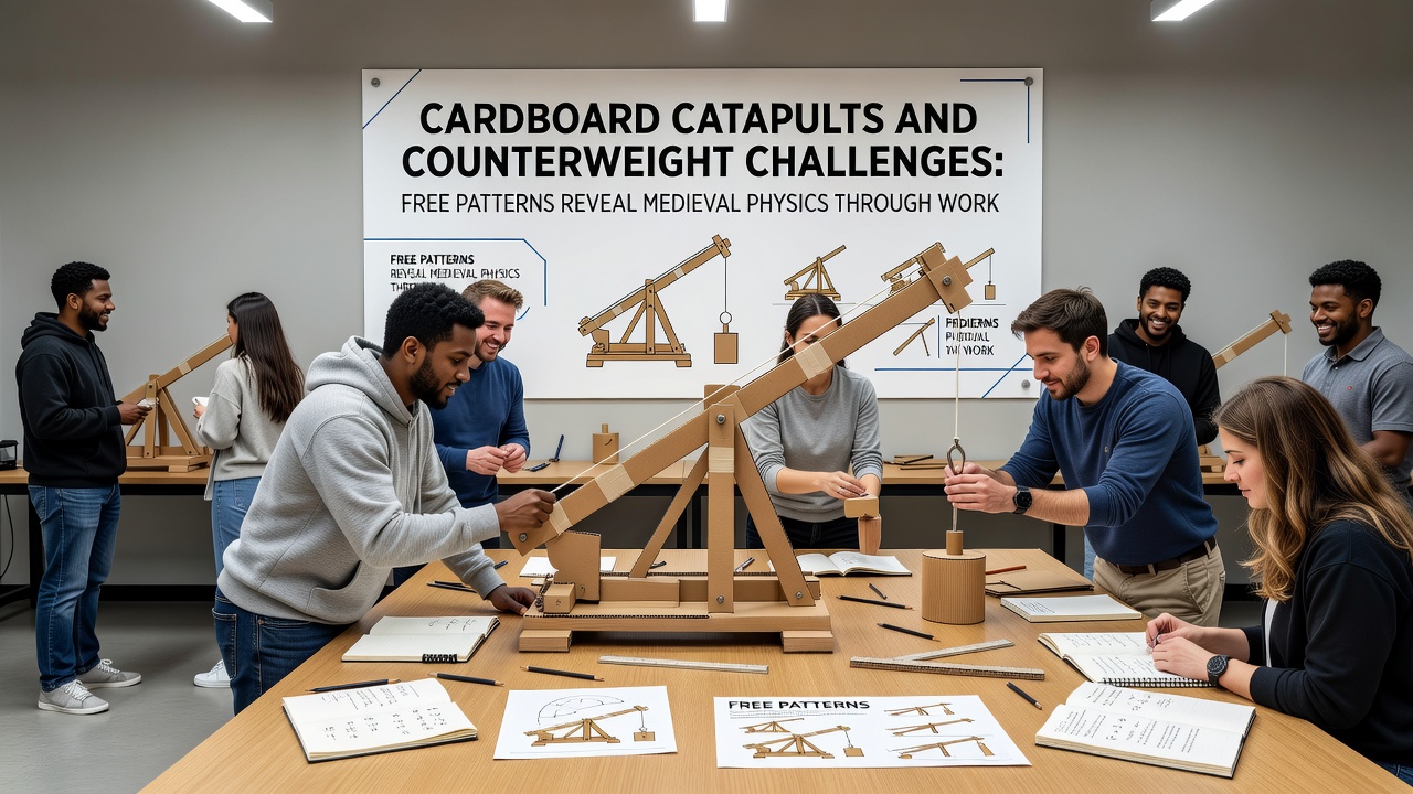 Schülergruppe beim Test eines Karton-Trebuchets mit Messungen der Wurfweite