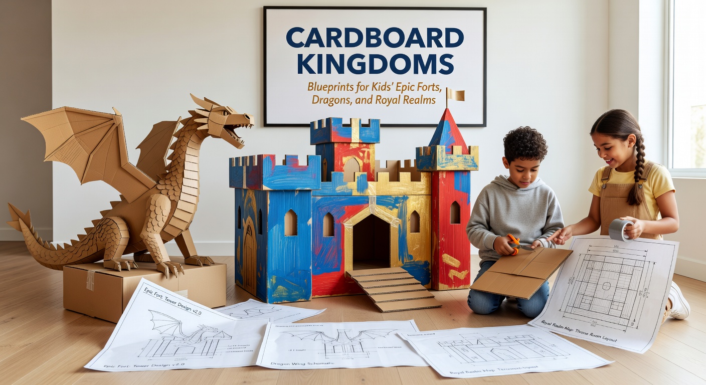 Kinder bauen eine gewaltige Kartonburg mit Türmen und Fahnen, umgeben von fantasievollen Drachenfiguren aus Wellpappe