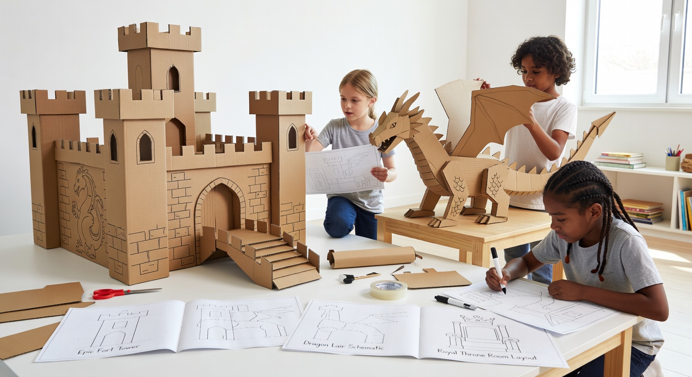 Detaillierter Karton-Drache mit Schuppen aus Wellpappe, Flügeln und glühenden Augen, der eine Burg bewacht, gebastelt von Kindern