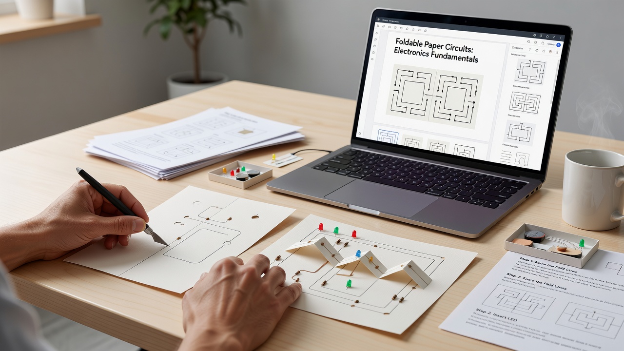 Beleuchtete Papier-Displays in Aktion mit gefalteten Schaltkreisen und experimentellen Variationen