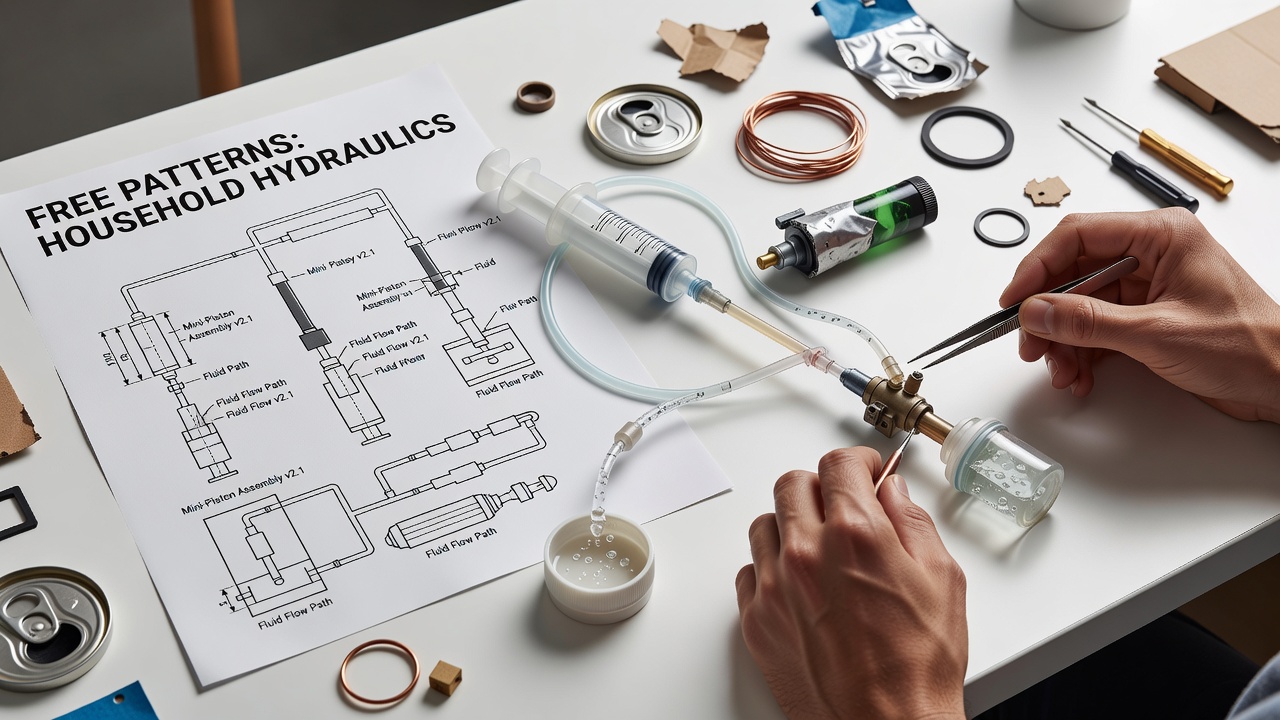 Detailansicht eines funktionierenden Miniatur-Hydraulikarms aus recycelten Materialien mit farbiger Flüssigkeit und Messskalen