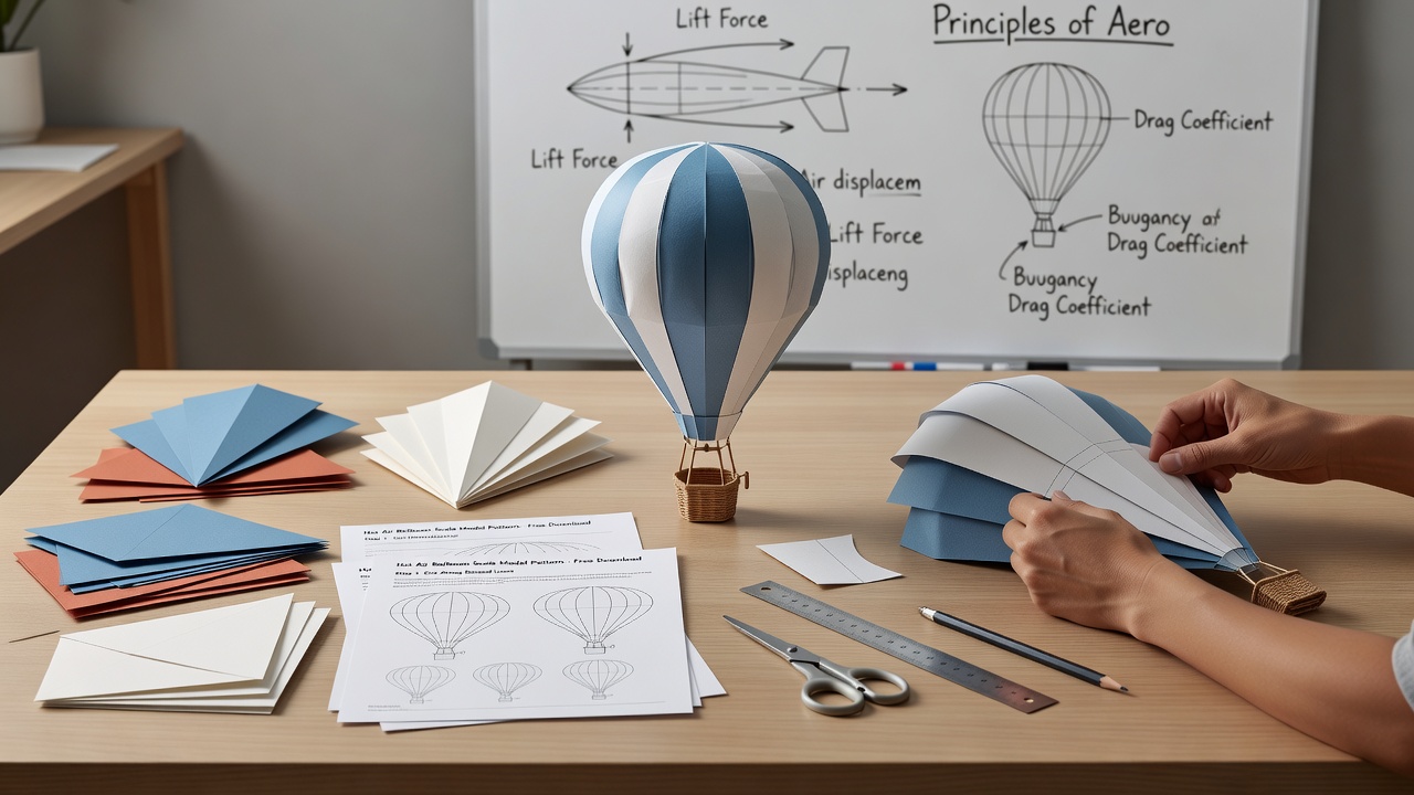Fertiges Papierballon-Modell schwebt über einem Tisch mit Messgeräten