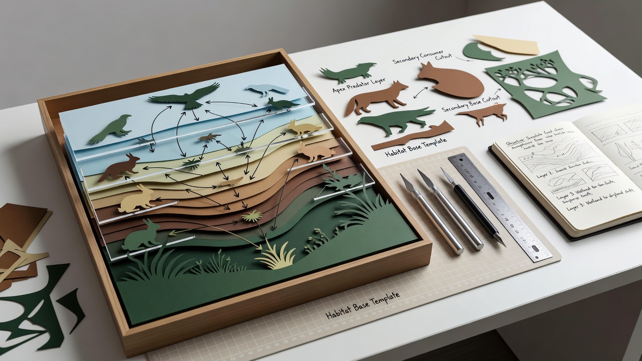 Detailansicht einer mittleren Schicht in einem Papierdiorama mit Fokus auf Räuber-Beute-Interaktionen zwischen Vögeln und Insekten