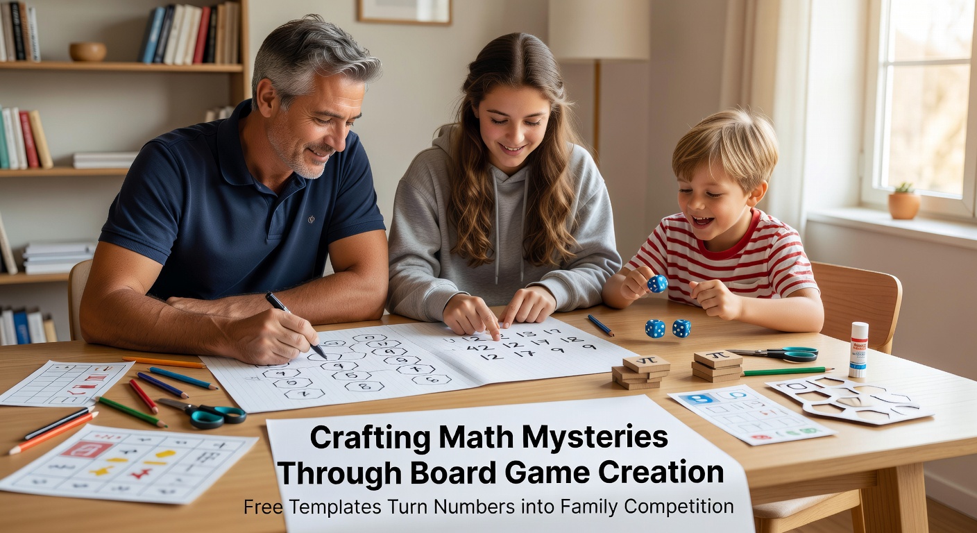 Detailansicht eines selbst erstellten Brettspiels mit mathematischen Rätseln und Familienmitgliedern beim strategischen Spiel