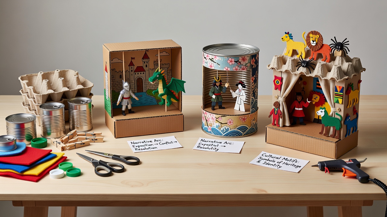 Nahaufnahme eines fertigen Miniatur-Puppentheaters mit handgefertigten Figuren und Beleuchtung