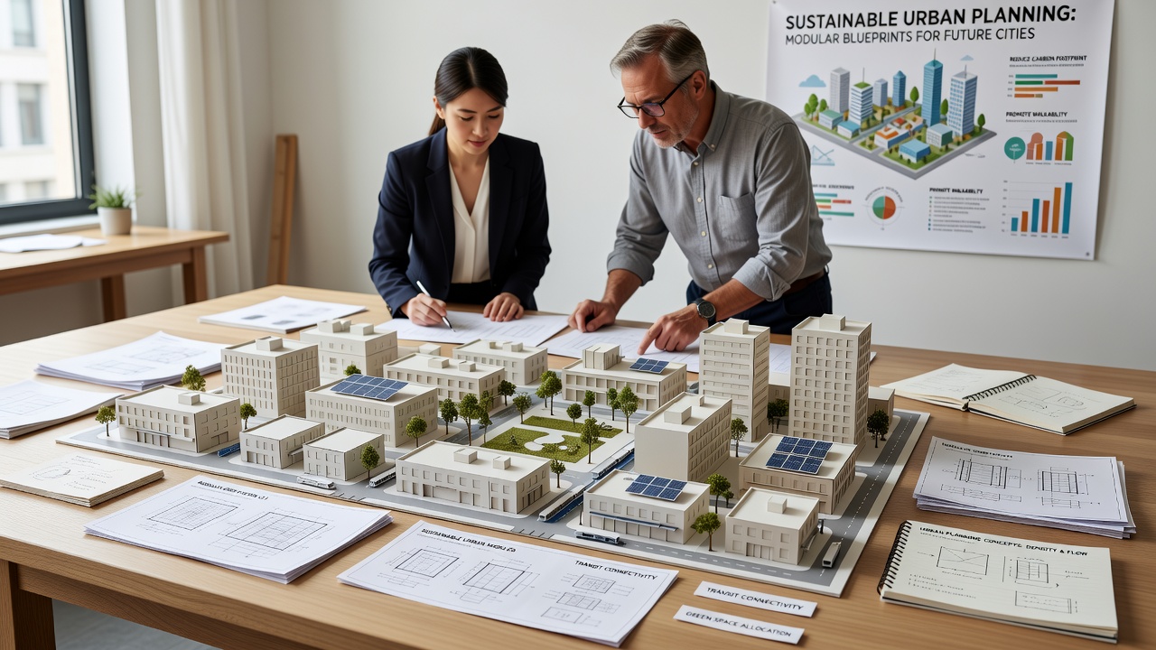Detailansicht eines modularen Stadtmodells mit nachhaltigen Features wie Fahrradwegen und Gemeinschaftsgärten