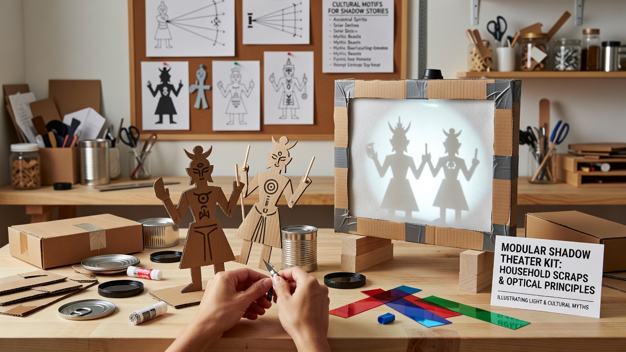 Schichtweise Silhouettenkonstruktion in einem Schattentheater-Kit mit kulturellen Motiven und Lichteffekten