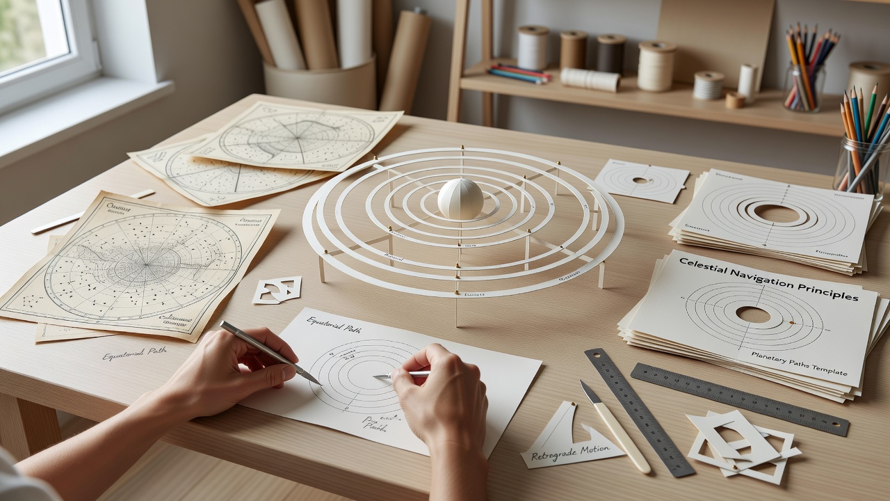 Detailansicht eines fertigen Papier-Orrery mit markierten Planetenbahnen und Navigationslinien