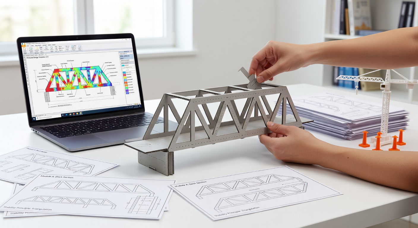 Belastungstest mit modularer Brücke aus gedruckten Vorlagen und Gewichten