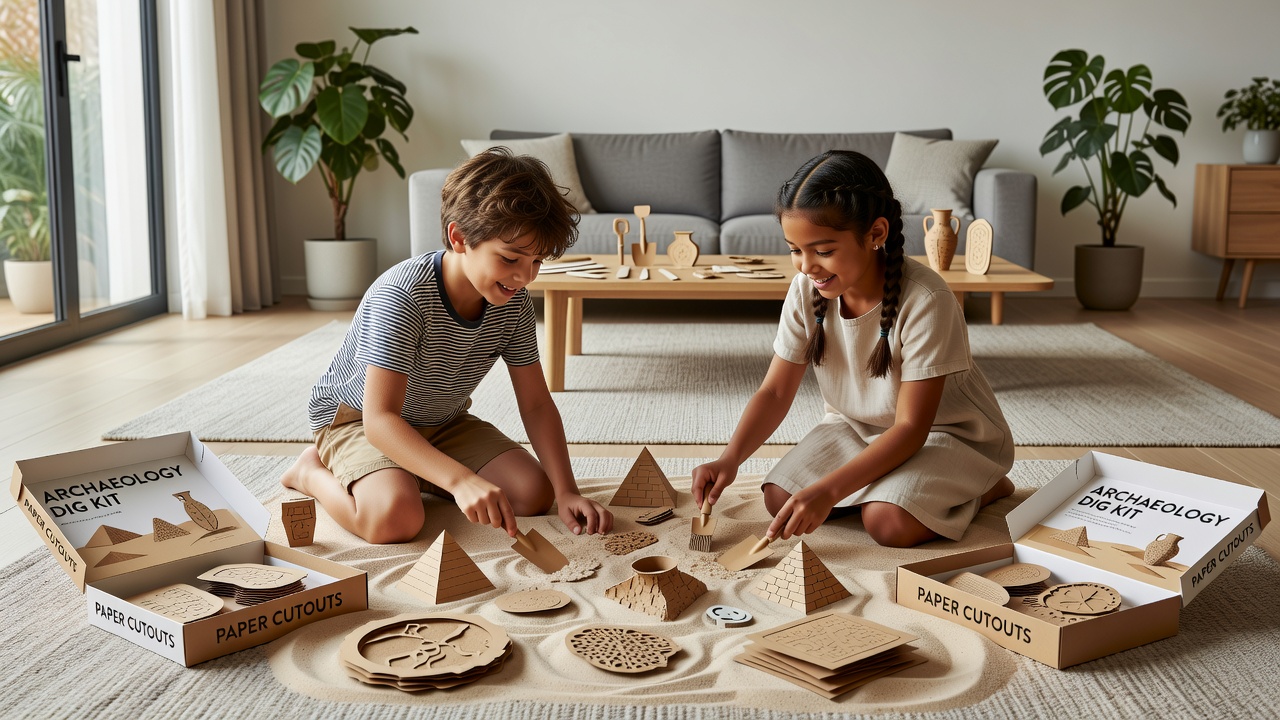 Kinder bei der Katalogisierung von Repliken aus einem Papierausschneide-Set