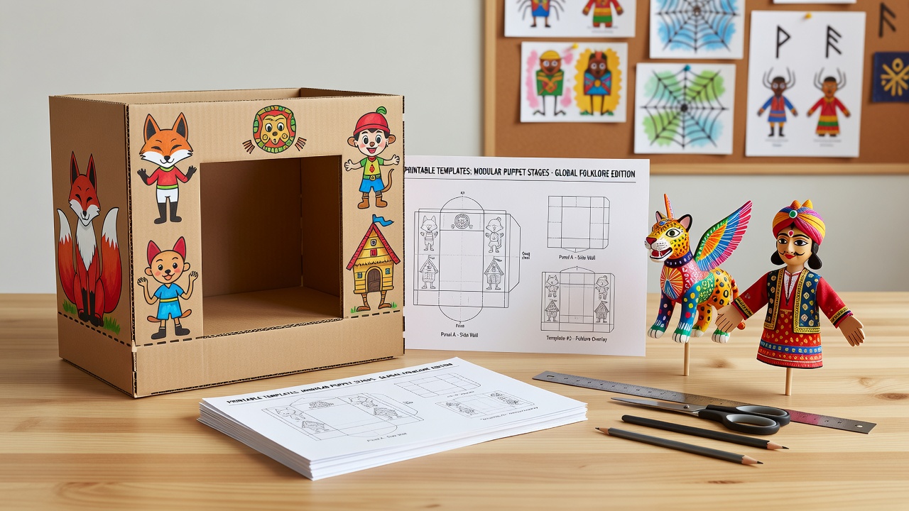 Familie bei der Aufführung mit modularer Puppentheaterbühne und Folklore-Figuren