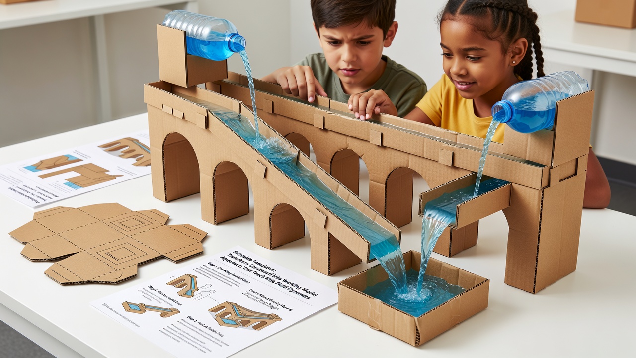 Detailansicht eines Karton-Aquädukts während eines Wasserflussexperiments mit sichtbaren Strömungsmustern