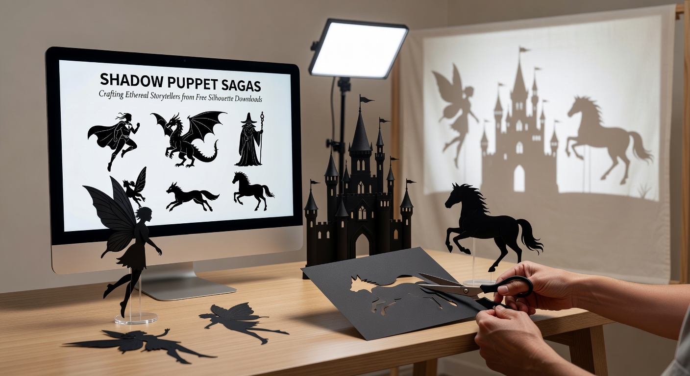 Kinderhände schneiden Silhouetten aus schwarzem Papier aus, umgeben von gedruckten Vorlagen und einer improvisierten Bühne mit Lampe