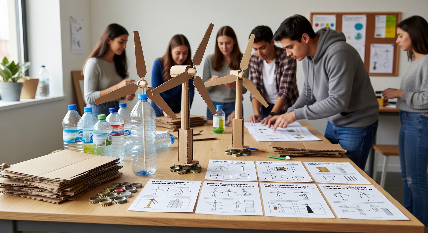 Kinder beim Bau eines Windturbinen-Modells aus recyceltem Material mit druckbaren Vorlagen
