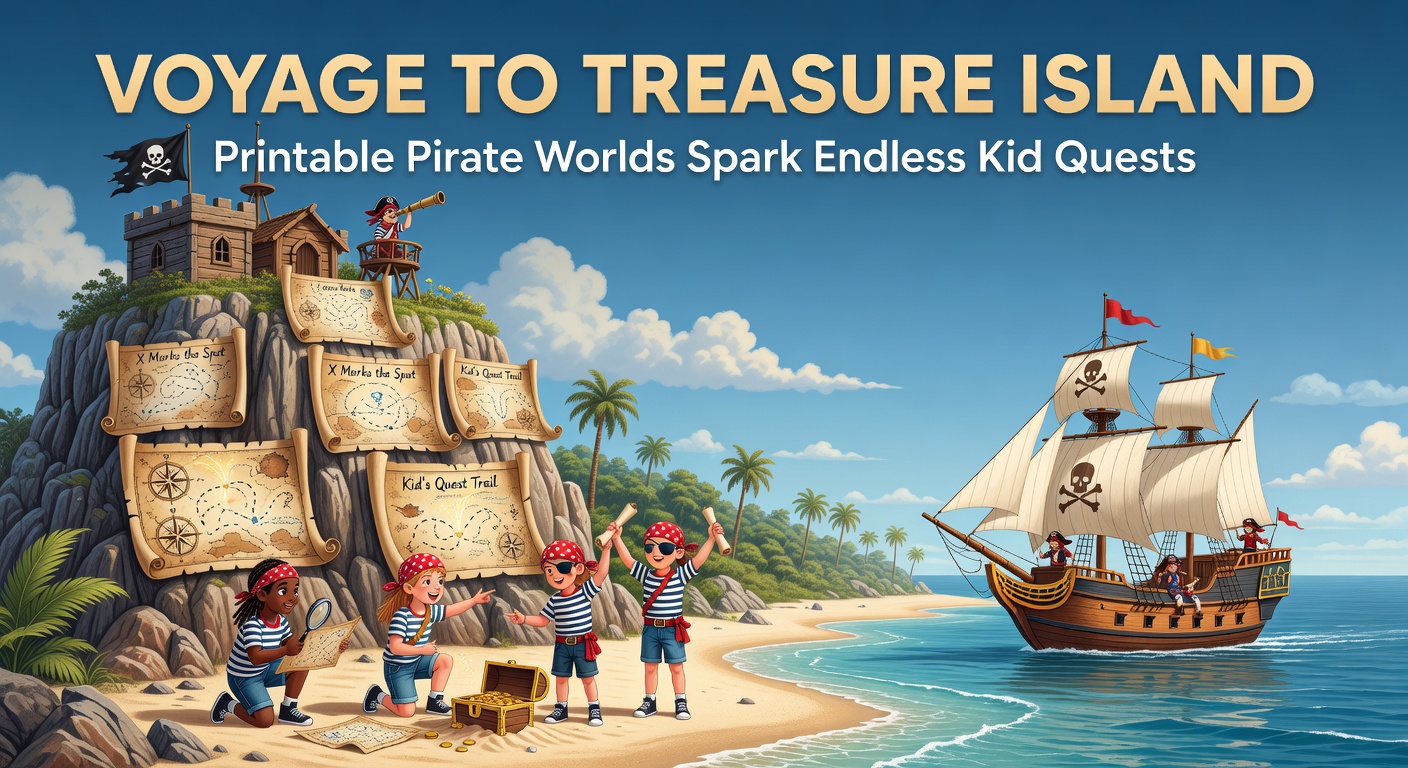 Kinder bauen ein druckbares Piratenschiff und erkunden eine Schatzkarte-Insel aus Papier, umgeben von selbstgebastelten Figuren und Schätzen