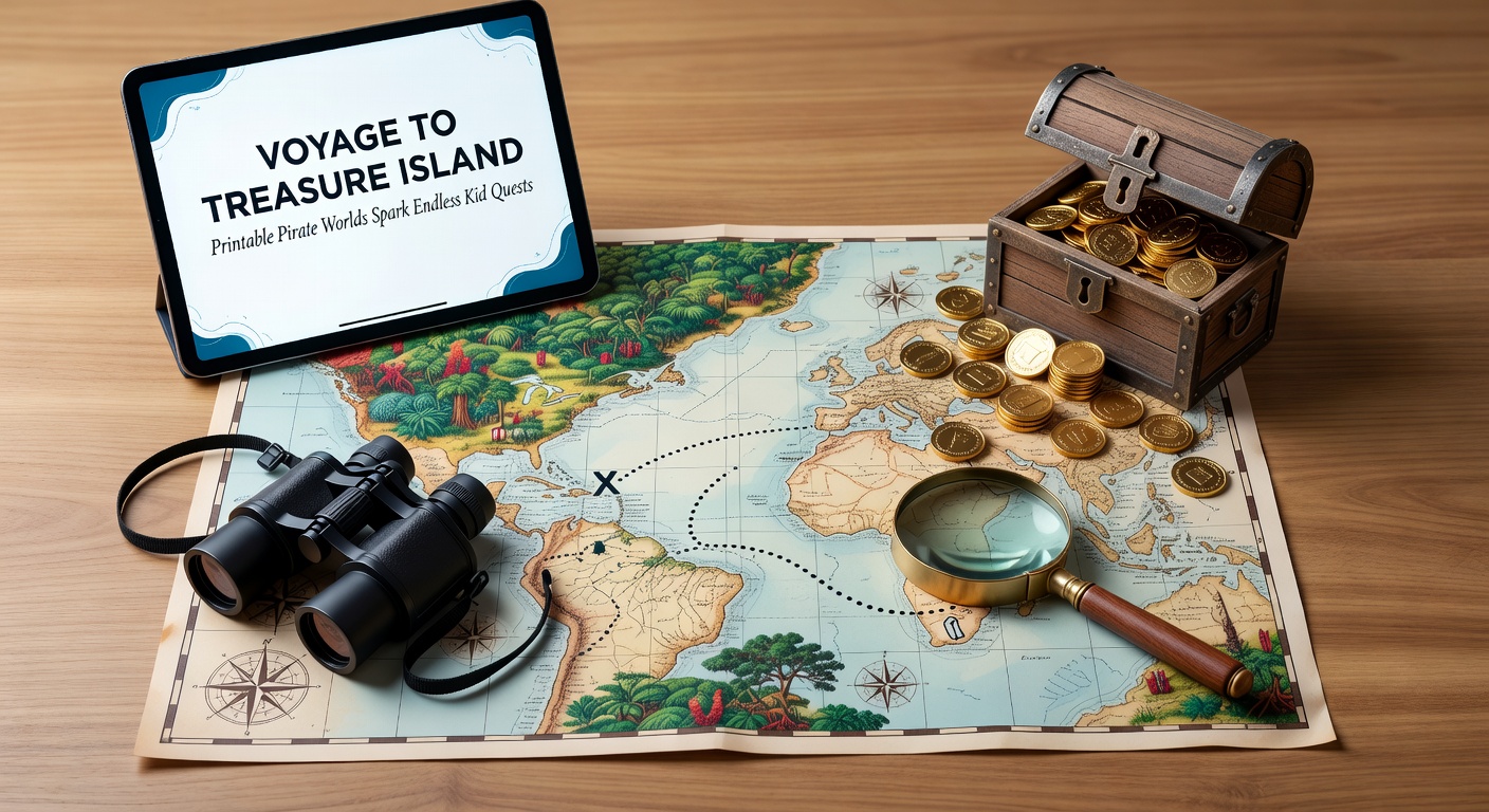 Eine Gruppe Kinder feiert einen gefundenen Schatz auf ihrer selbstgebauten Pirateninsel, mit Fahnen, Kanonen und einer detaillierten Schatzkarte im Vordergrund